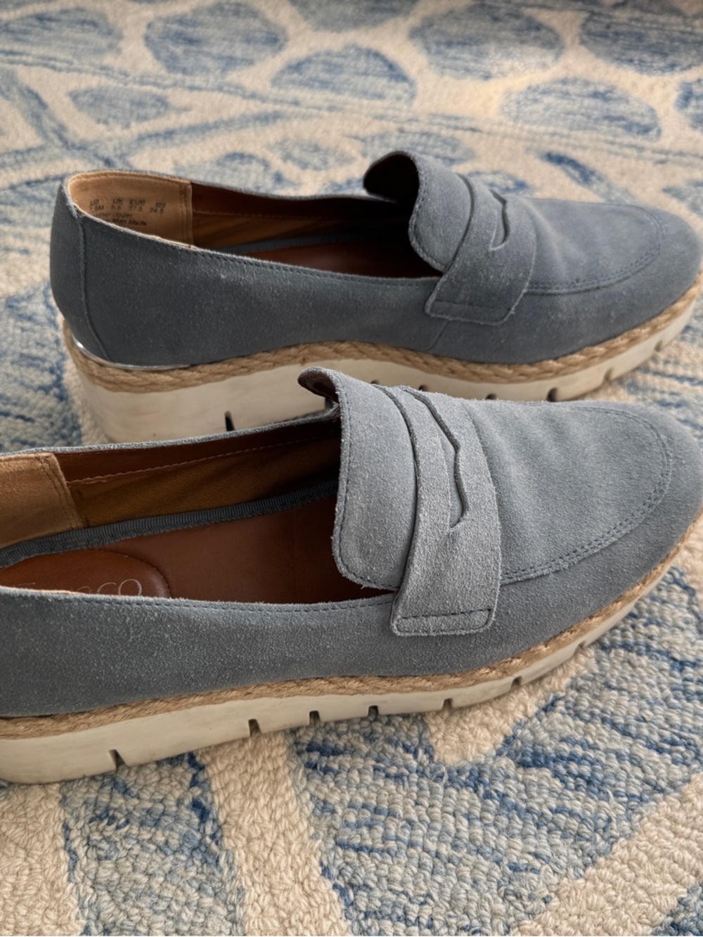 Franco Sarto Blue Suede Jute-Trim Platform Penny Loafers